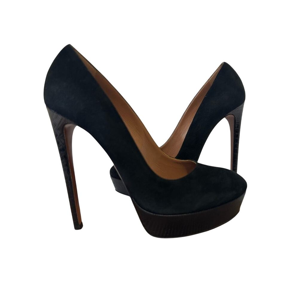 Azzedine Alaïa Black Suede Pumps EU 38.5 Croc Leather Platform Stiletto Rare